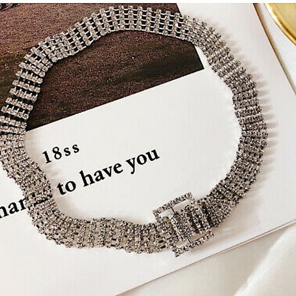 Silver Belt Buckle Crystal Rhinestone Choker - Picture 10 of 14